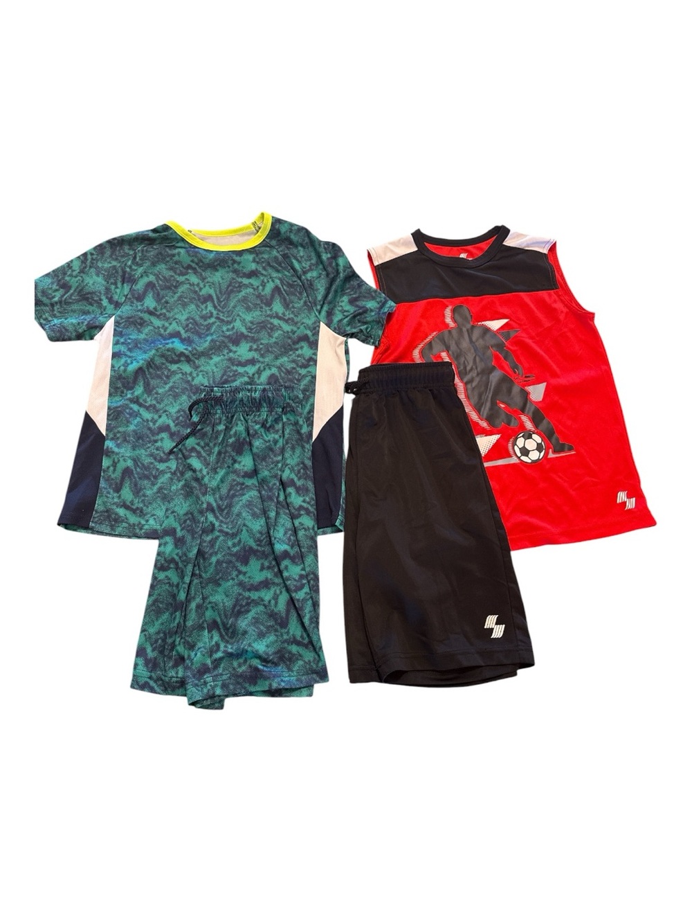Green Patterned Athletic Top, Red Soccer Tank & Black Shorts Set